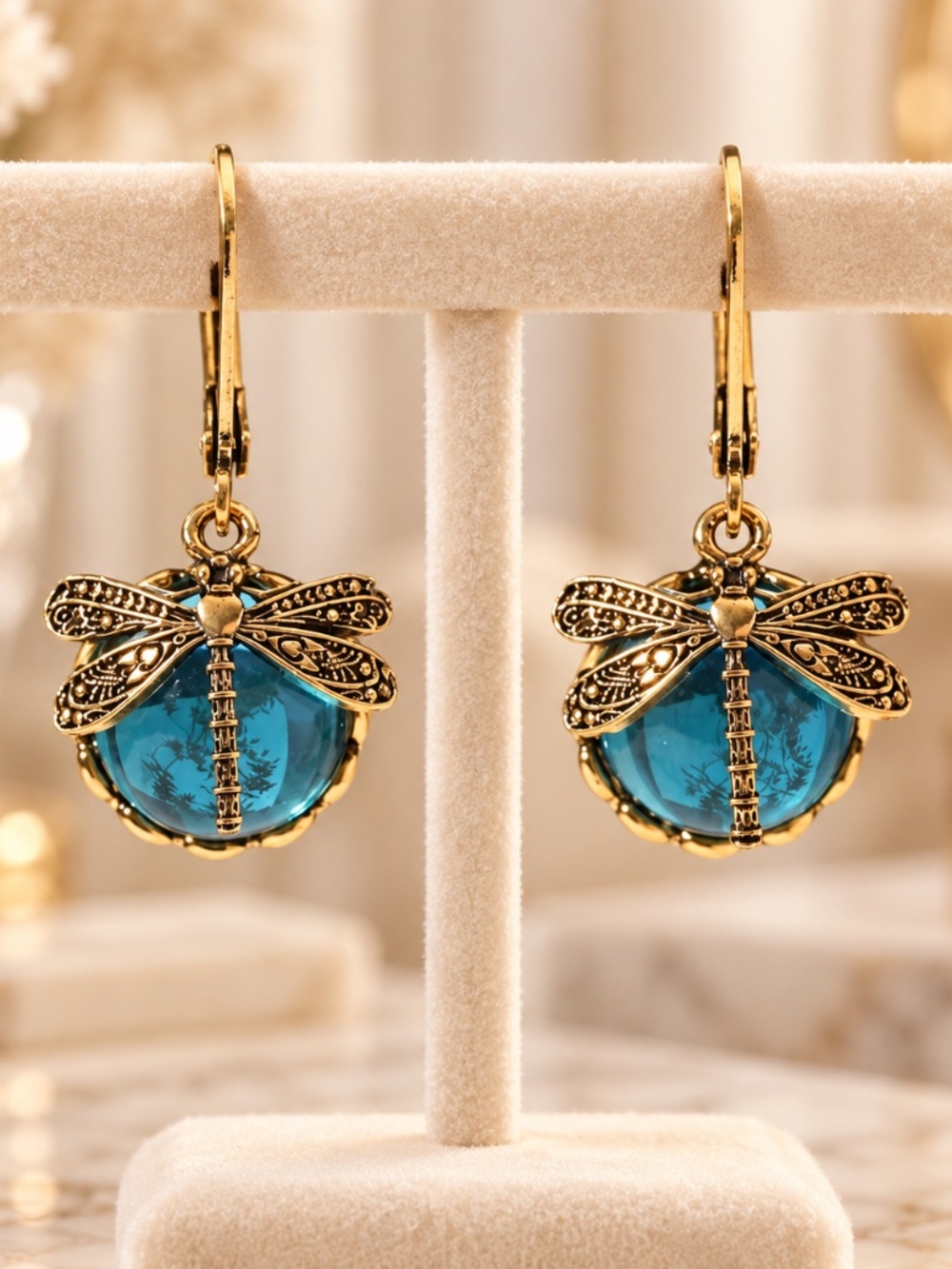 Vintage Gold Dragonfly Earrings with Blue Cabochon | Leverback